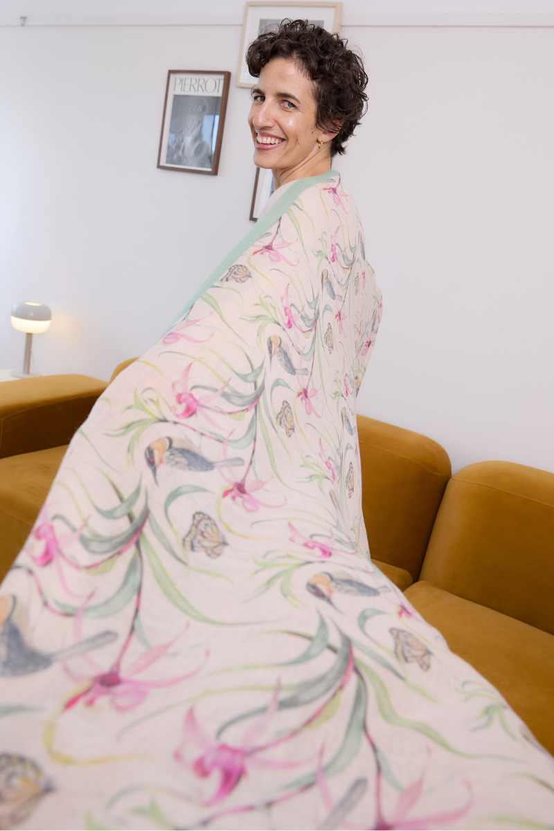 Cashmere Silk  "Eastern Honeyeater and Orchid" Scarf - Cara Cashmere