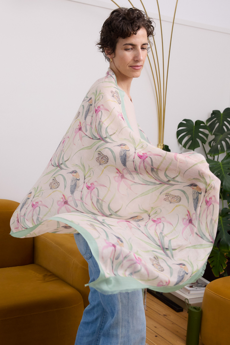 Cashmere Silk  "Eastern Honeyeater and Orchid" Scarf - Cara Cashmere