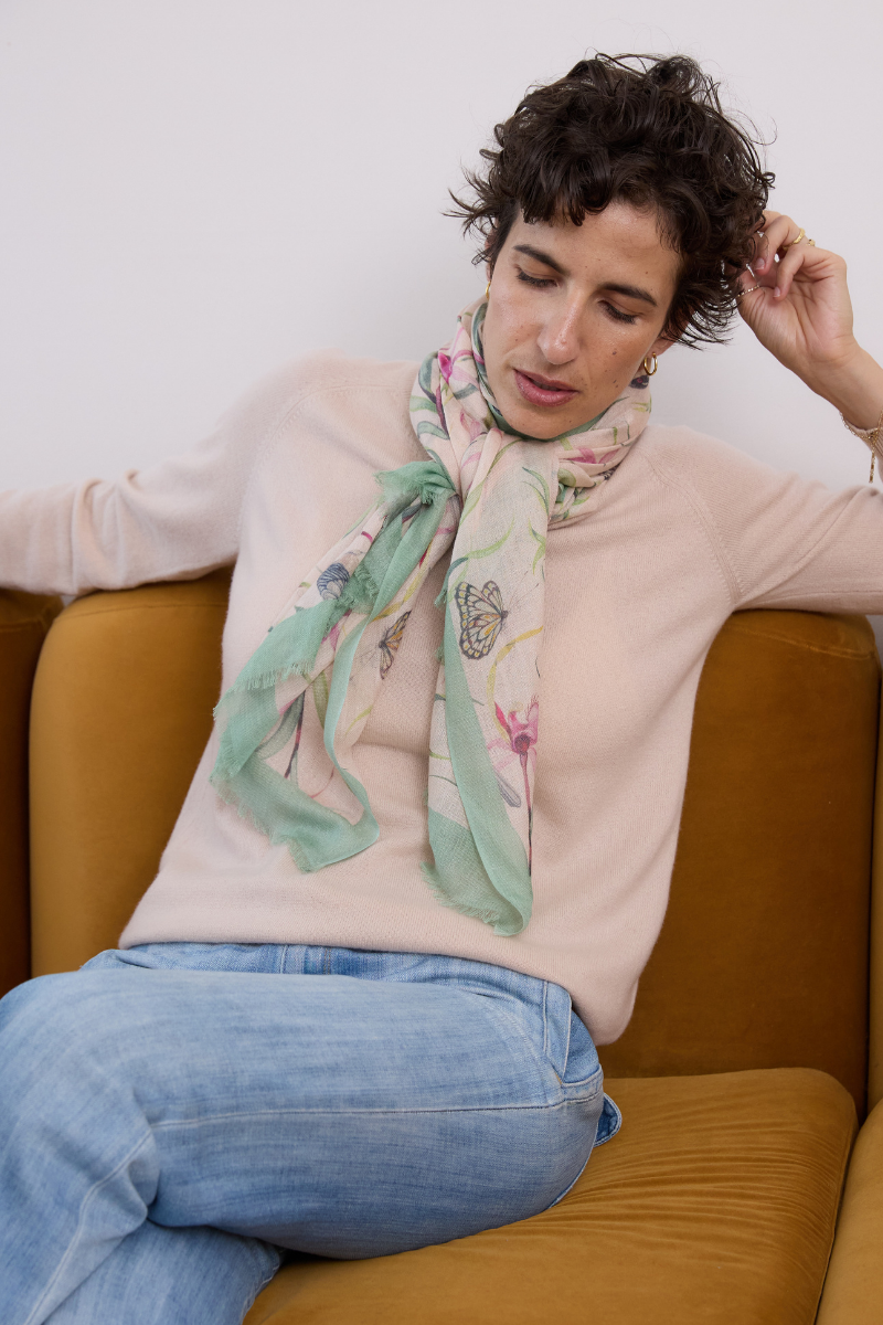 Cashmere Silk  "Eastern Honeyeater and Orchid" Scarf - Cara Cashmere