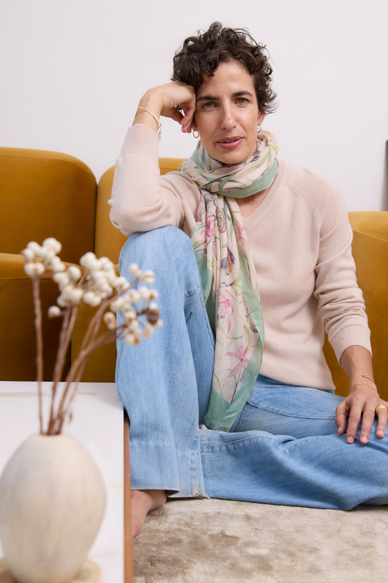 Cashmere Silk  "Eastern Honeyeater and Orchid" Scarf - Cara Cashmere