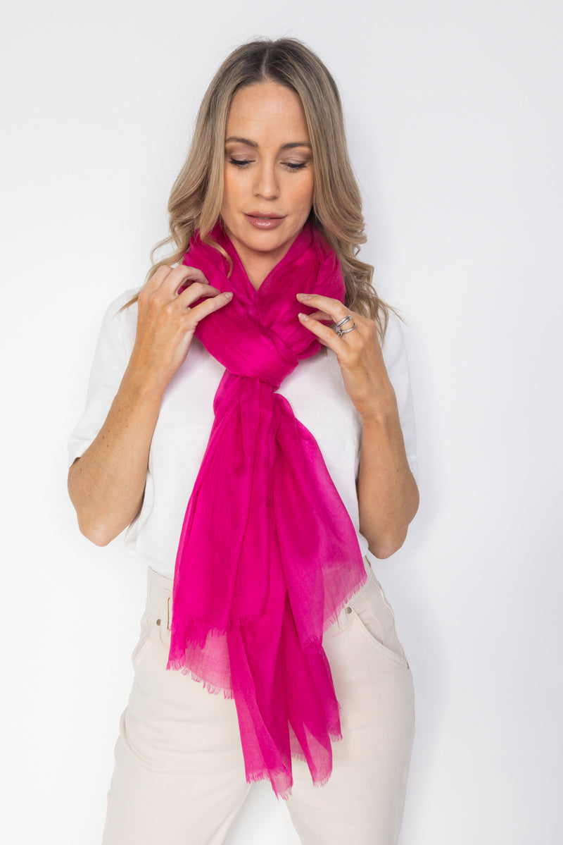Bright Pink Aura Cashmere Scarf PRE-ORDER with FREE Camellia Brooch - Cara Cashmere