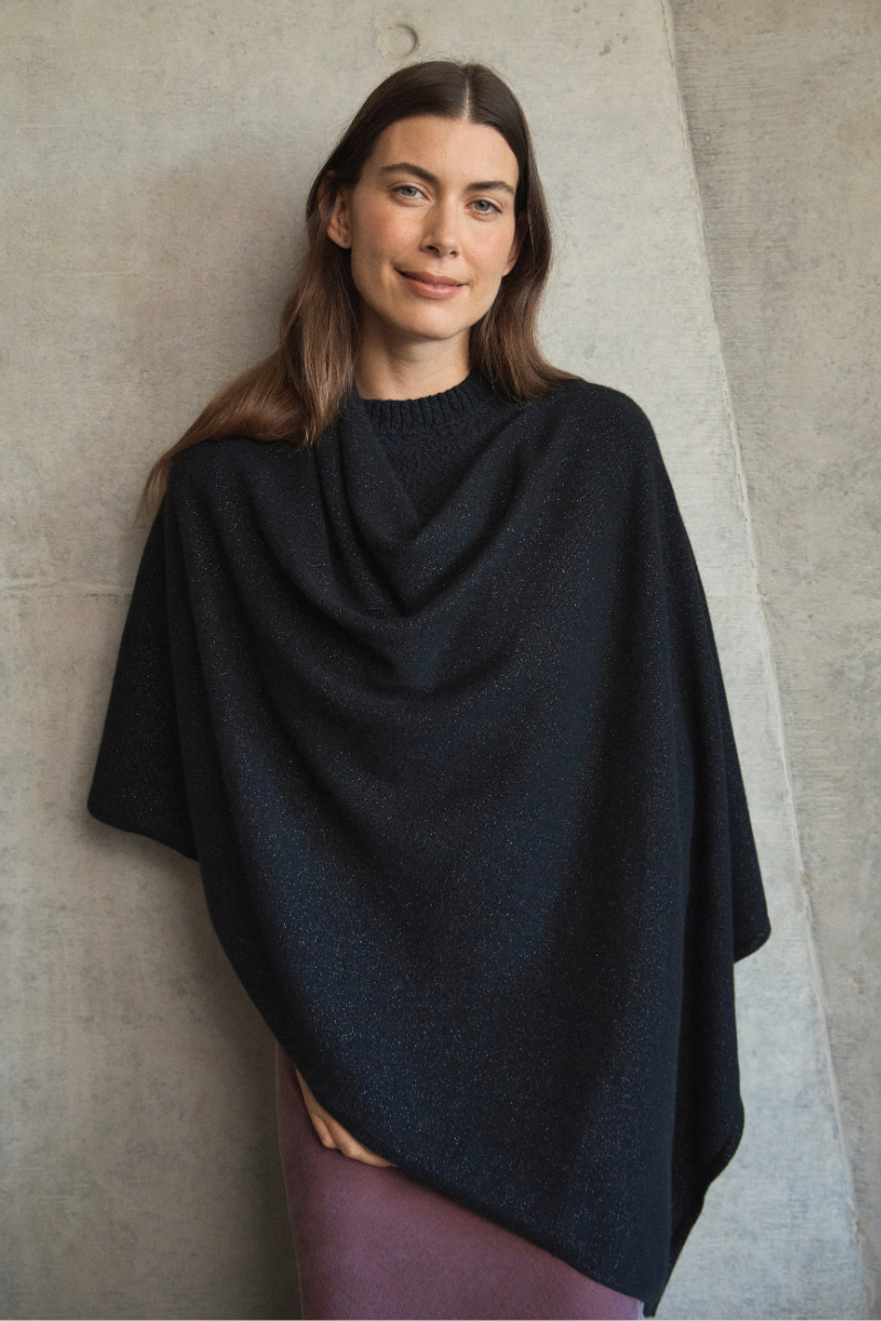 Cashmere Black Sparkle Poncho - Cara Cashmere