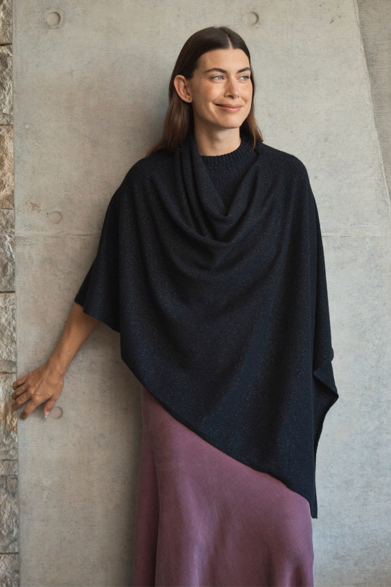 Cashmere Black Sparkle Poncho - Cara Cashmere