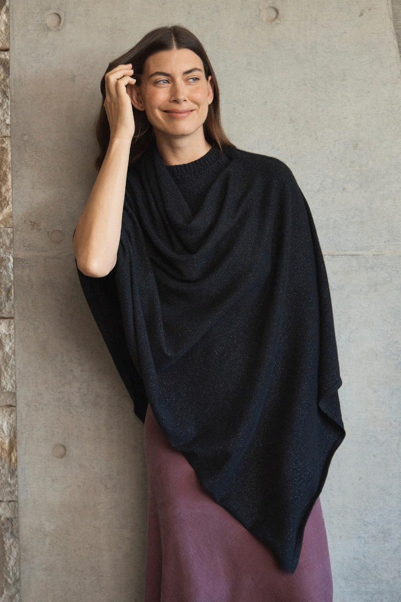 Cashmere Black Sparkle Poncho - Cara Cashmere