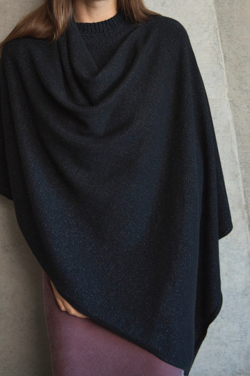 Cashmere Black Sparkle Poncho - Cara Cashmere