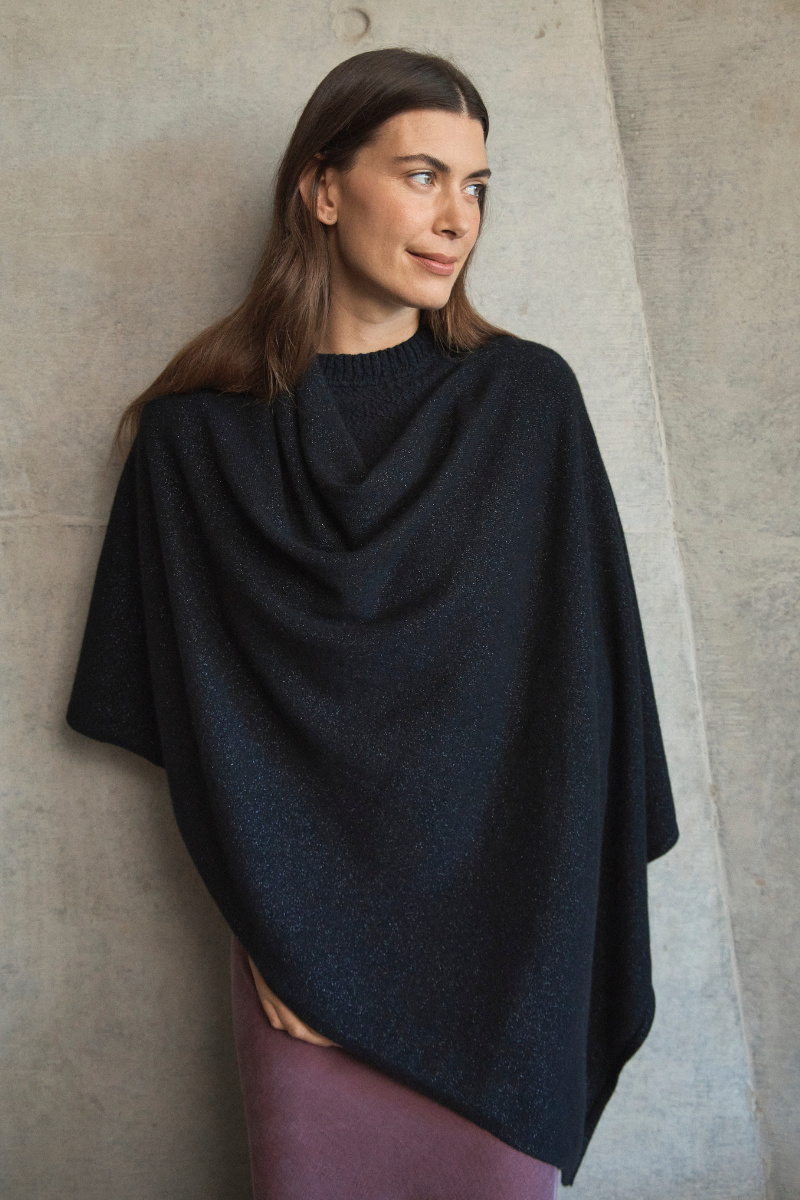 Cashmere Black Sparkle Poncho - Cara Cashmere