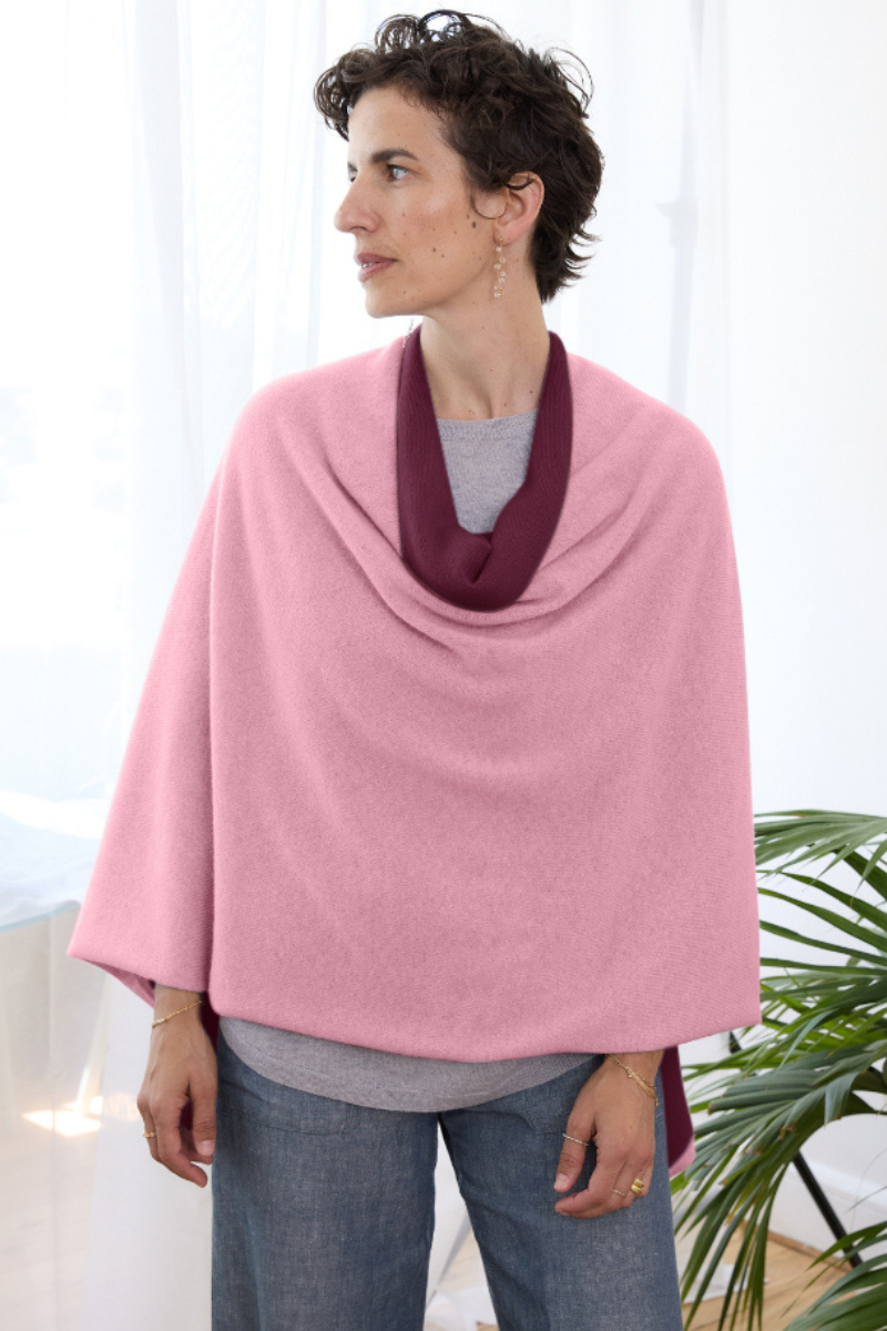 Cashmere Burgundy and Soft Rose Reversible Poncho - Cara Cashmere