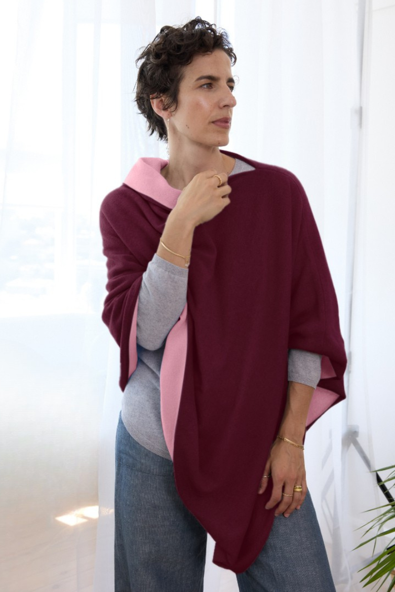 Cashmere Burgundy and Soft Rose Reversible Poncho - Cara Cashmere