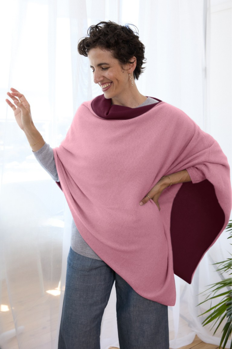 Cashmere Burgundy and Soft Rose Reversible Poncho - Cara Cashmere