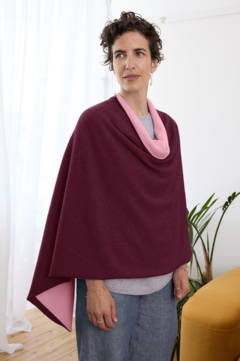 Cashmere Burgundy and Soft Rose Reversible Poncho - Cara Cashmere