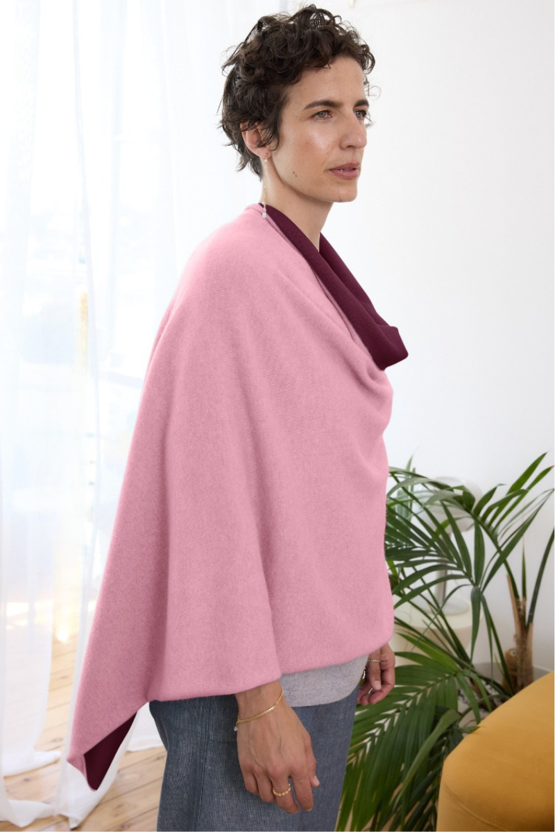 Cashmere Burgundy and Soft Rose Reversible Poncho - Cara Cashmere