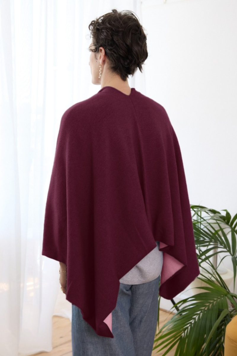 Cashmere Burgundy and Soft Rose Reversible Poncho - Cara Cashmere