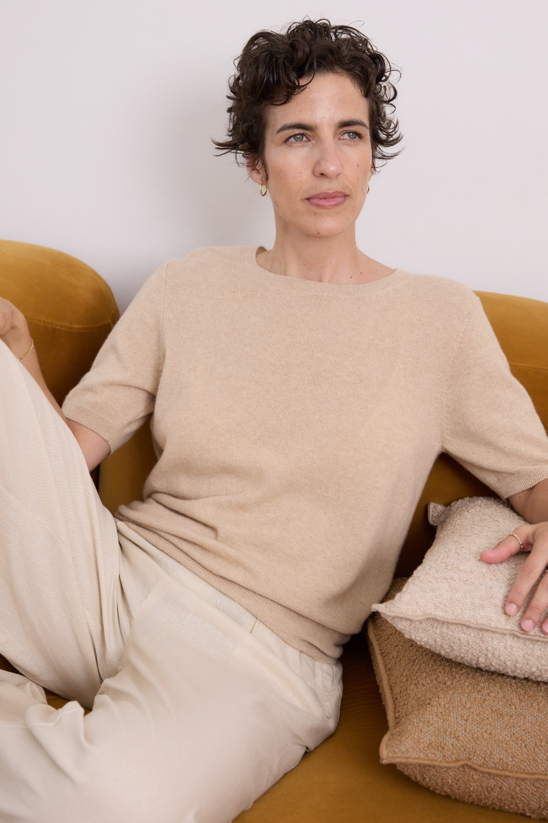 Cashmere Pale Camel Short Sleeve Knit - Cara Cashmere