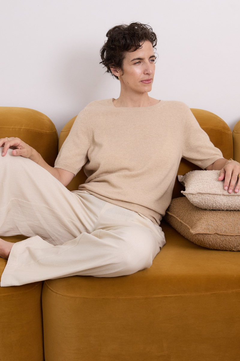 Cashmere Pale Camel Short Sleeve Knit - Cara Cashmere
