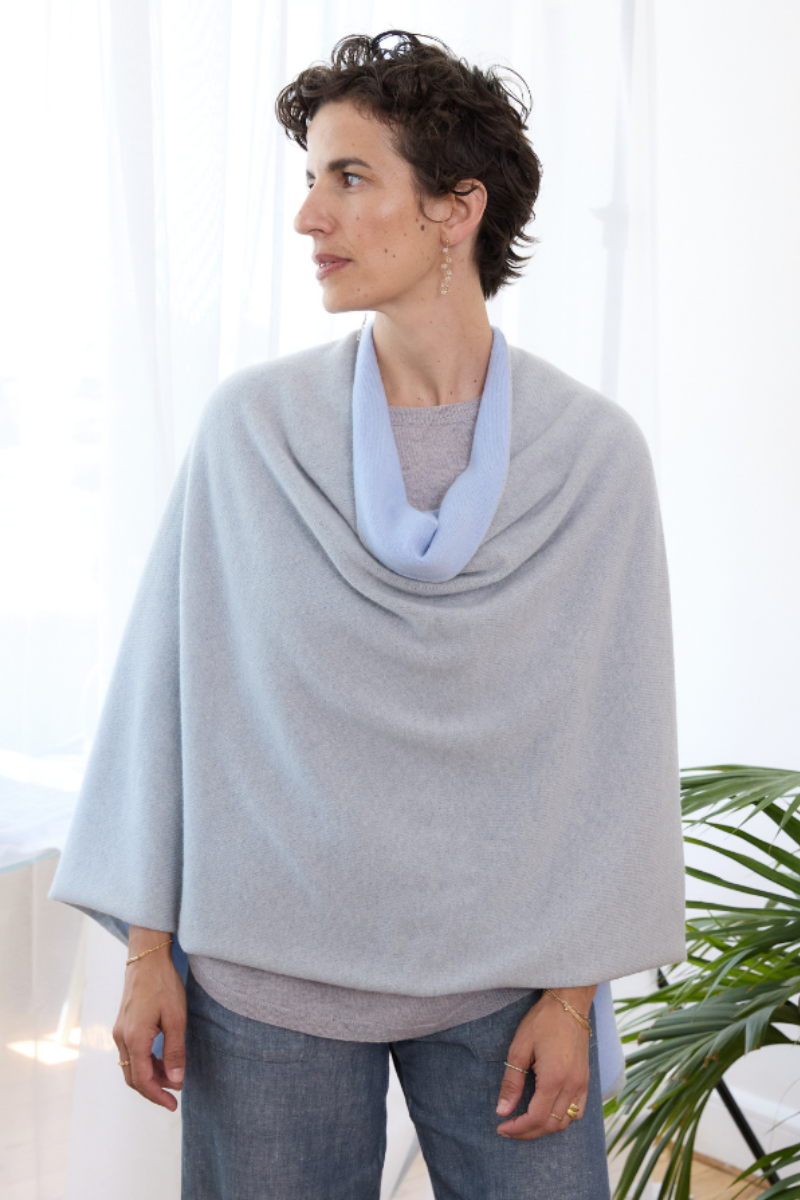 Cashmere Pale Grey and Soft Blue Reversible Poncho - Cara Cashmere