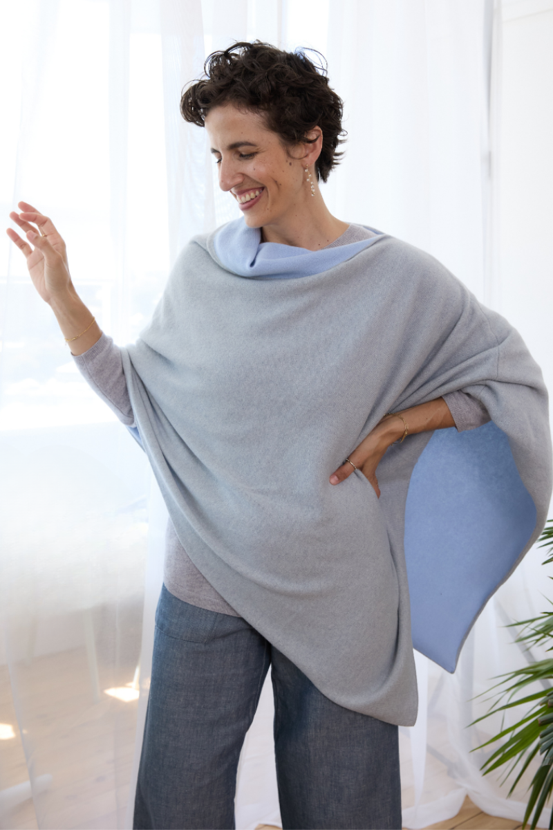 Cashmere Pale Grey and Soft Blue Reversible Poncho - Cara Cashmere