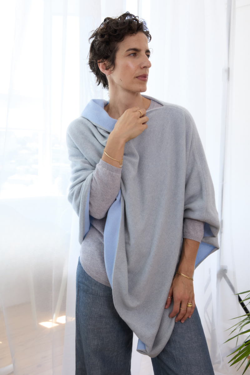 Cashmere Pale Grey and Soft Blue Reversible Poncho - Cara Cashmere