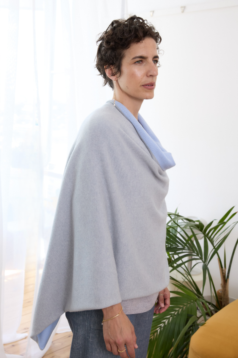 Cashmere Pale Grey and Soft Blue Reversible Poncho - Cara Cashmere