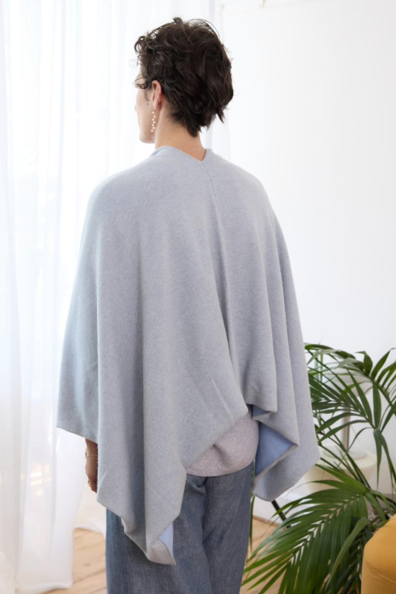 Cashmere Pale Grey and Soft Blue Reversible Poncho - Cara Cashmere