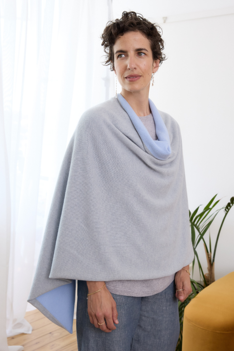 Cashmere Pale Grey and Soft Blue Reversible Poncho - Cara Cashmere