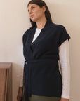 Cashmere Rib Elara Wrap Sleeveless Cardigan - Navy