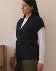 Cashmere Rib Elara Wrap Sleeveless Cardigan - Navy