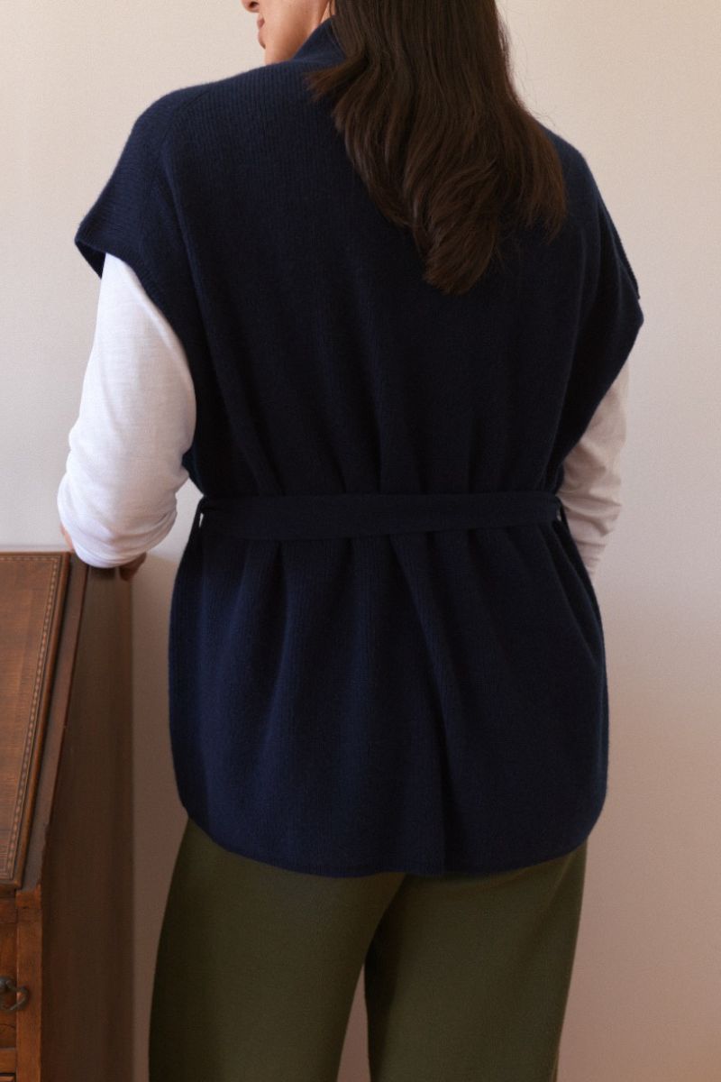 Cashmere Rib Elara Wrap Sleeveless Cardigan - Navy