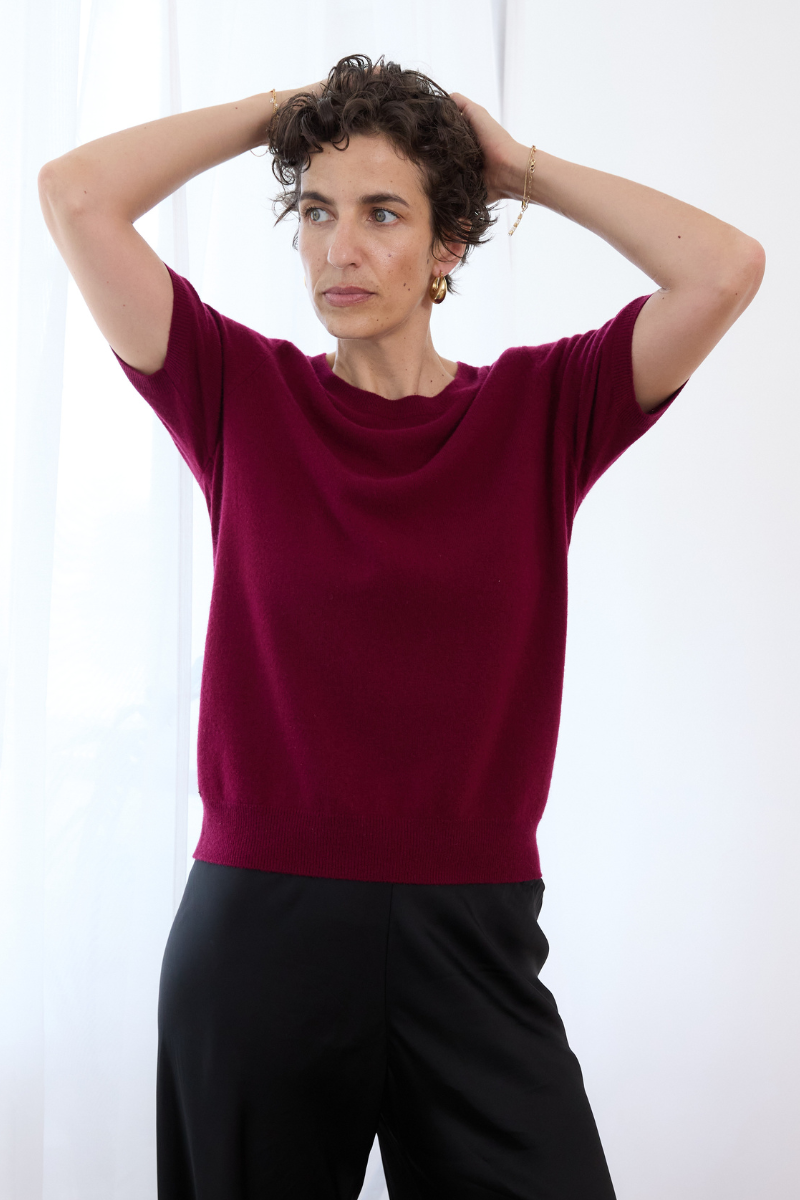 Cashmere Ruby Red Short Sleeve Knit - Cara Cashmere