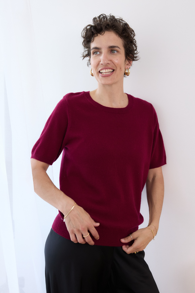 Cashmere Ruby Red Short Sleeve Knit - Cara Cashmere