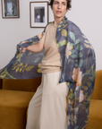 Cashmere Silk Charcoal Blue Midnight Garden Scarf - Cara Cashmere
