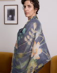 Cashmere Silk Charcoal Blue Midnight Garden Scarf - Cara Cashmere