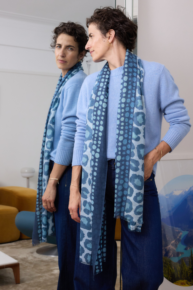 Cashmere Silk Indigo Blues Spotted Leopard Scarf - Cara Cashmere