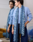 Cashmere Silk Indigo Blues Spotted Leopard Scarf - Cara Cashmere