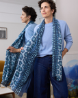 Cashmere Silk Indigo Blues Spotted Leopard Scarf - Cara Cashmere