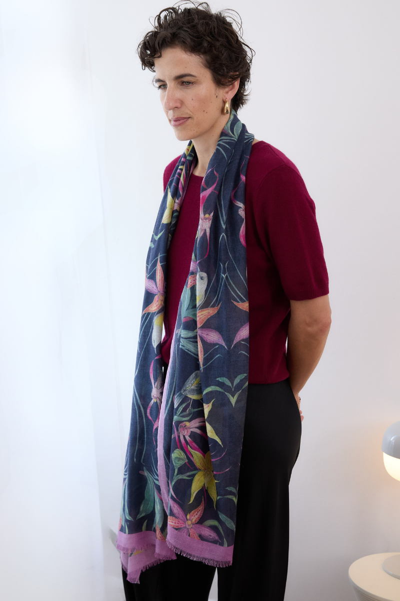 Cashmere Silk "Eastern Robin and Queen Sheeba Orchid" Scarf - Cara Cashmere