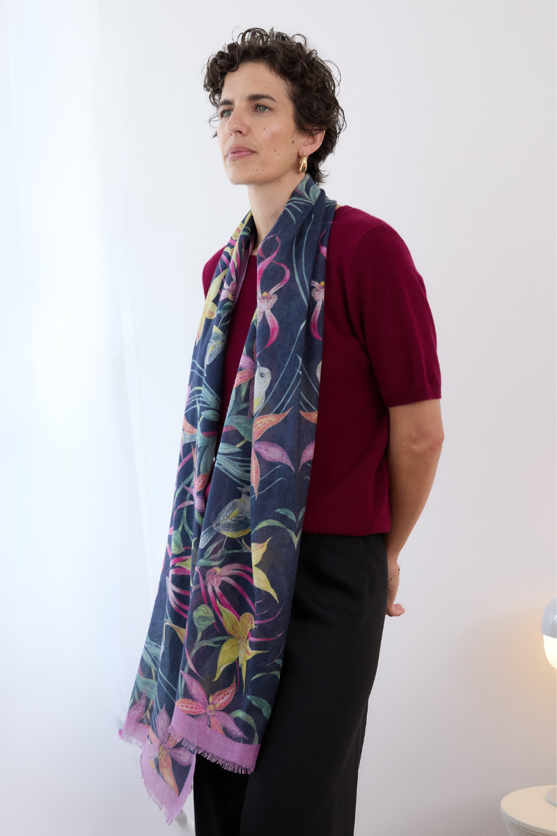 Cashmere Silk "Eastern Robin and Queen Sheeba Orchid" Scarf - Cara Cashmere