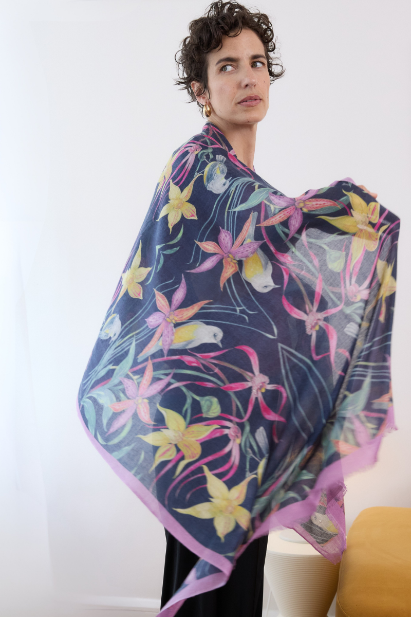 Cashmere Silk "Eastern Robin and Queen Sheeba Orchid" Scarf - Cara Cashmere