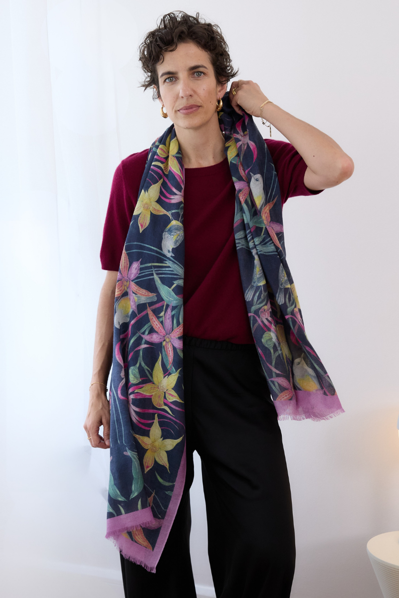 Cashmere Silk "Eastern Robin and Queen Sheeba Orchid" Scarf - Cara Cashmere