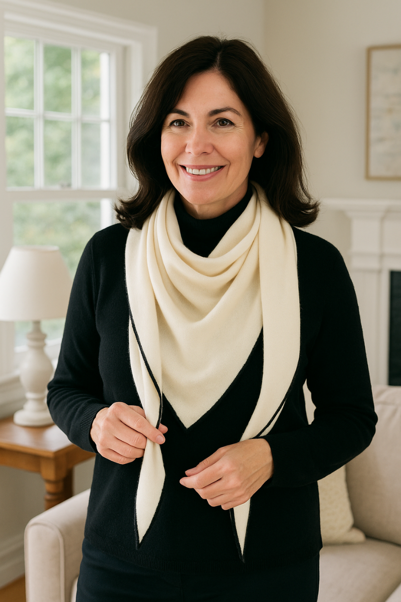 Cashmere Black Tipped Ivory Triangle Scarf