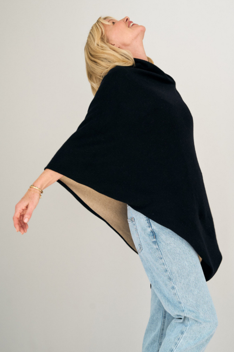 Cashmere  Black and Oat Reversible Poncho - Cara Cashmere