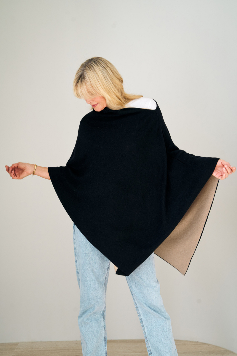 Cashmere  Black and Oat Reversible Poncho - Cara Cashmere