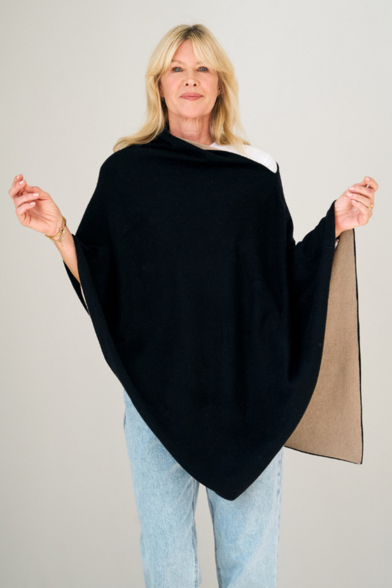 Cashmere  Black and Oat Reversible Poncho - Cara Cashmere