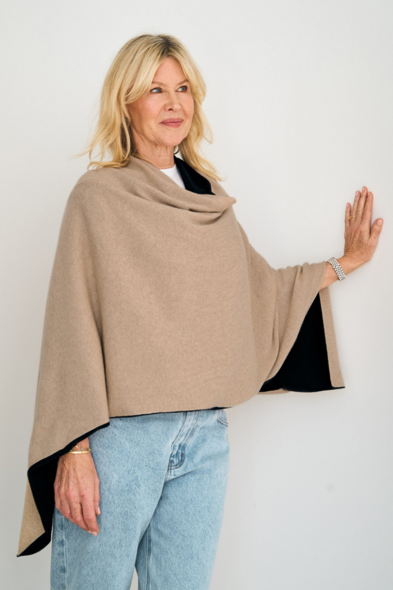 Cashmere  Black and Oat Reversible Poncho - Cara Cashmere