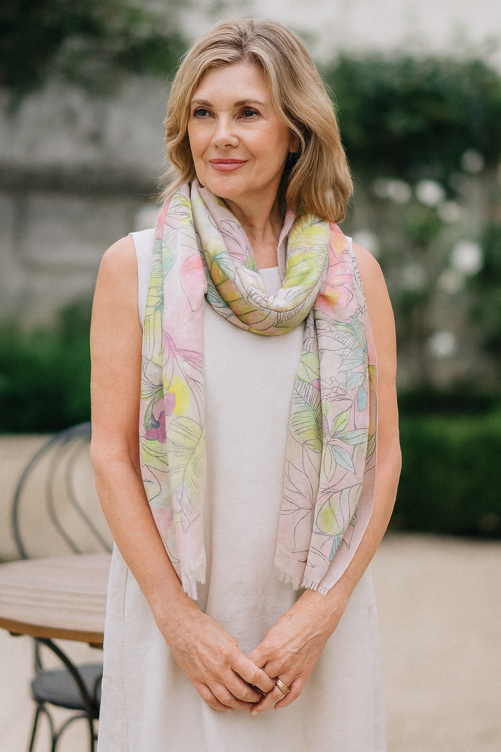 Cashmere Silk Etched Garden Floral Scarf on Model 