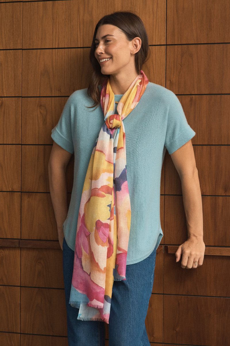 Painterly Peony Cashmere Scarf | Vibrant Floral Design | Cara Cashmere