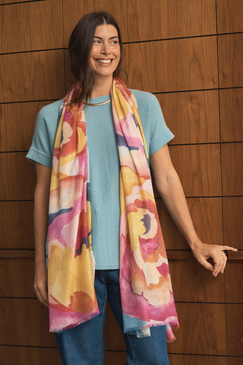 Cashmere Silk Painterly Peony Scarf - Cara Cashmere
