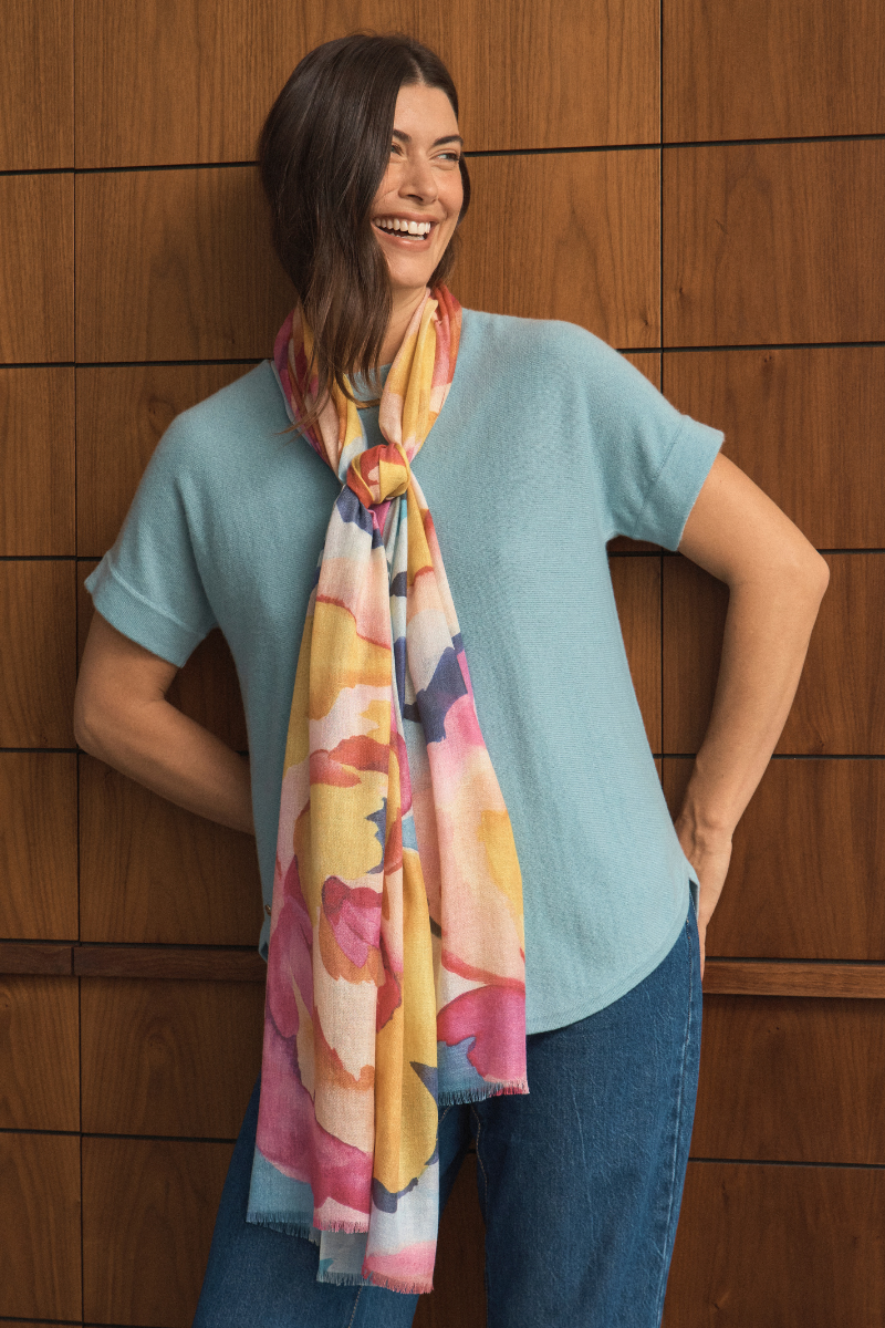 Cashmere Silk Painterly Peony Scarf - Cara Cashmere
