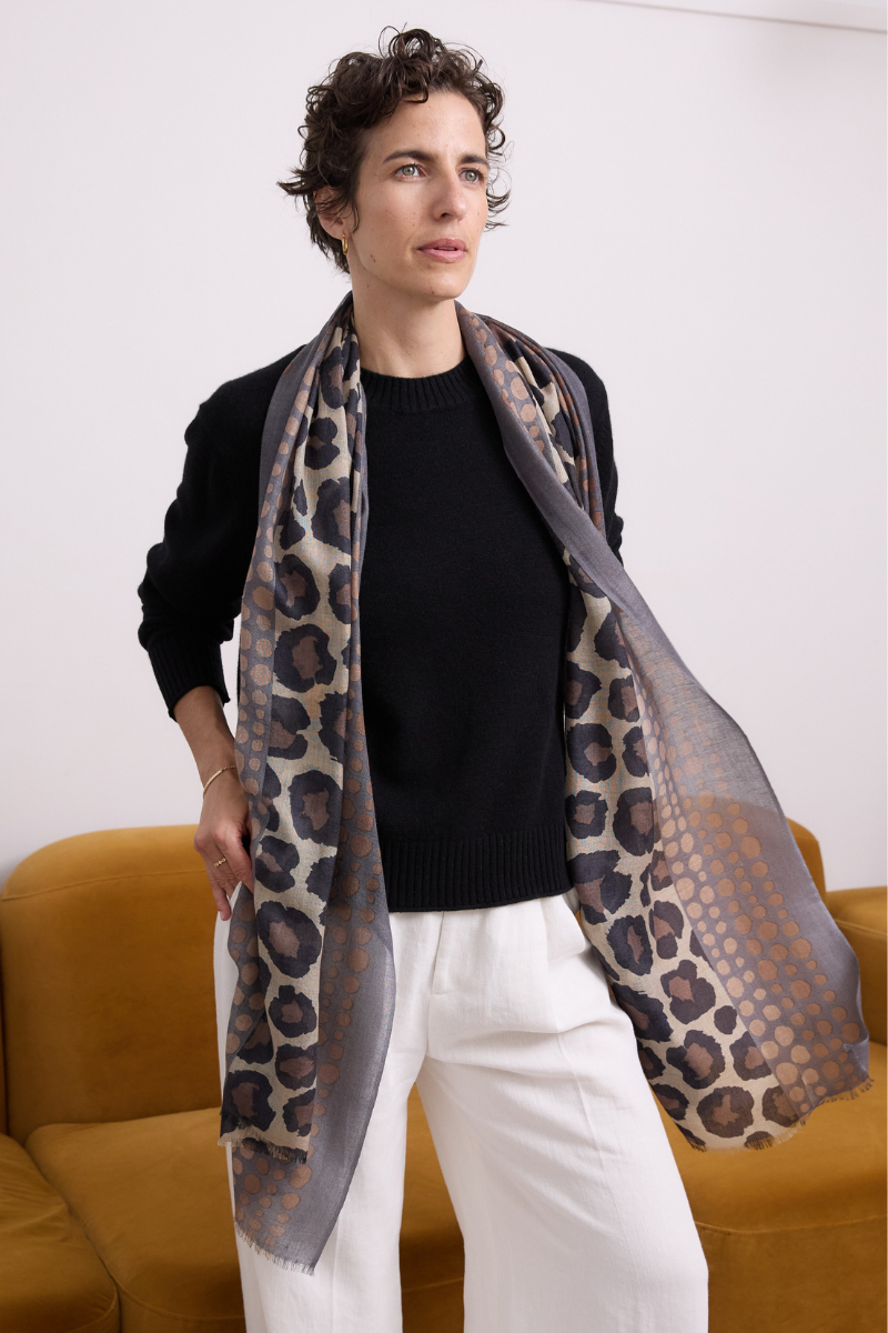 Cashmere Silk Chocolate Spotted Leopard Scarf - Cara Cashmere