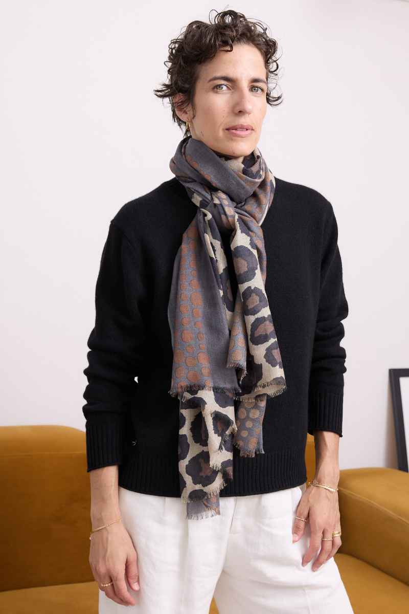 Cashmere Silk Chocolate Spotted Leopard Scarf - Cara Cashmere