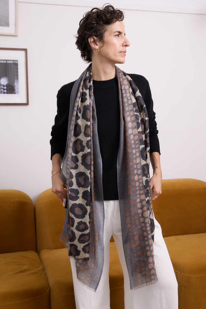 Cashmere Silk Chocolate Spotted Leopard Scarf - Cara Cashmere